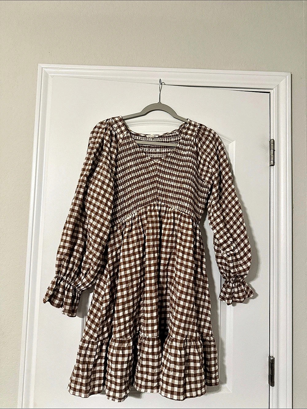 Gingham Tiered Dress Brown & White Size Medium